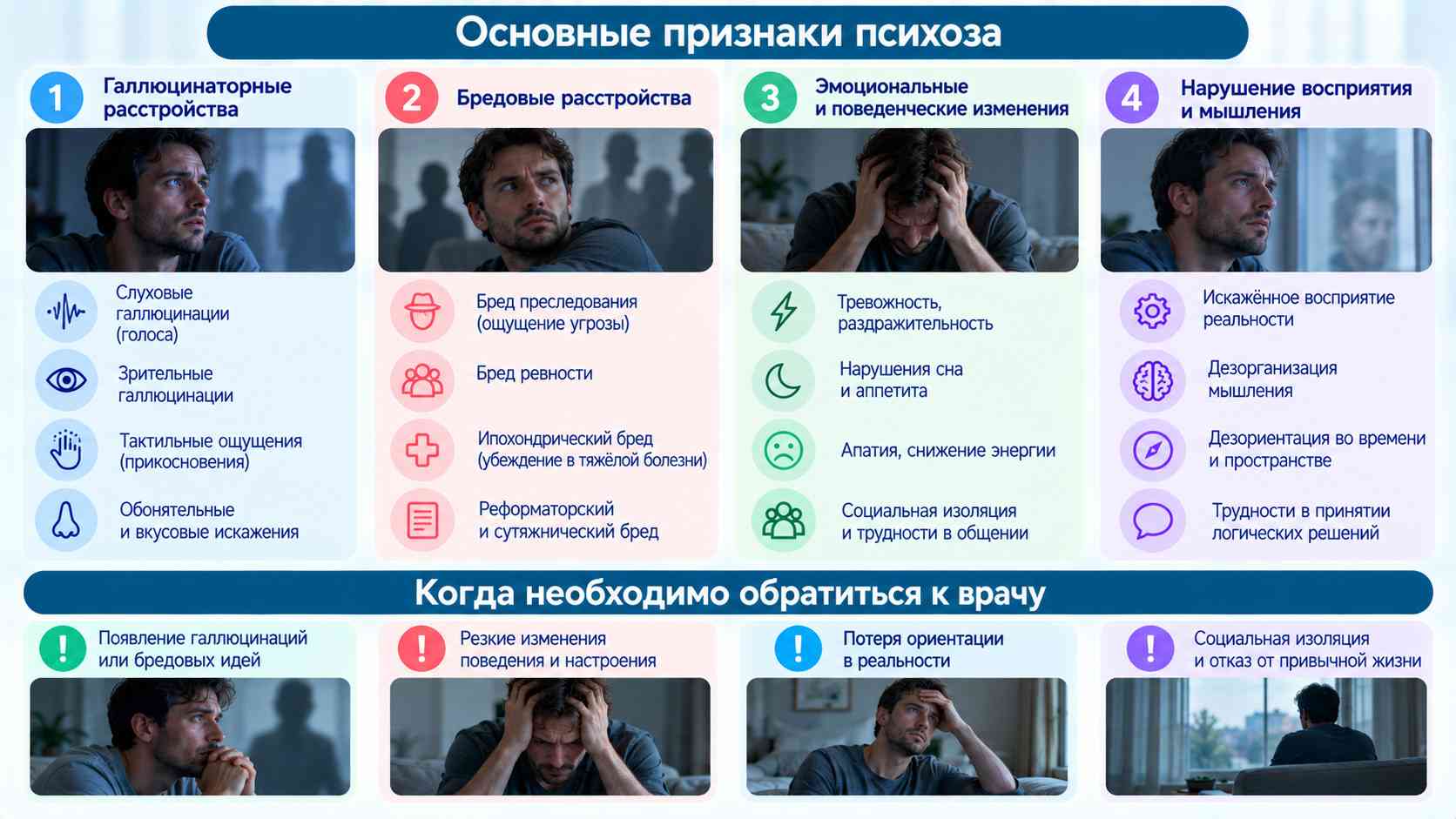 Признаки психоза — симптомы и когда обращаться к психиатру. Инфографика об основных признаках психоза: слуховые и зрительные галлюцинации, бредовые идеи, нарушения мышления, эмоциональные изменения и дезориентация.